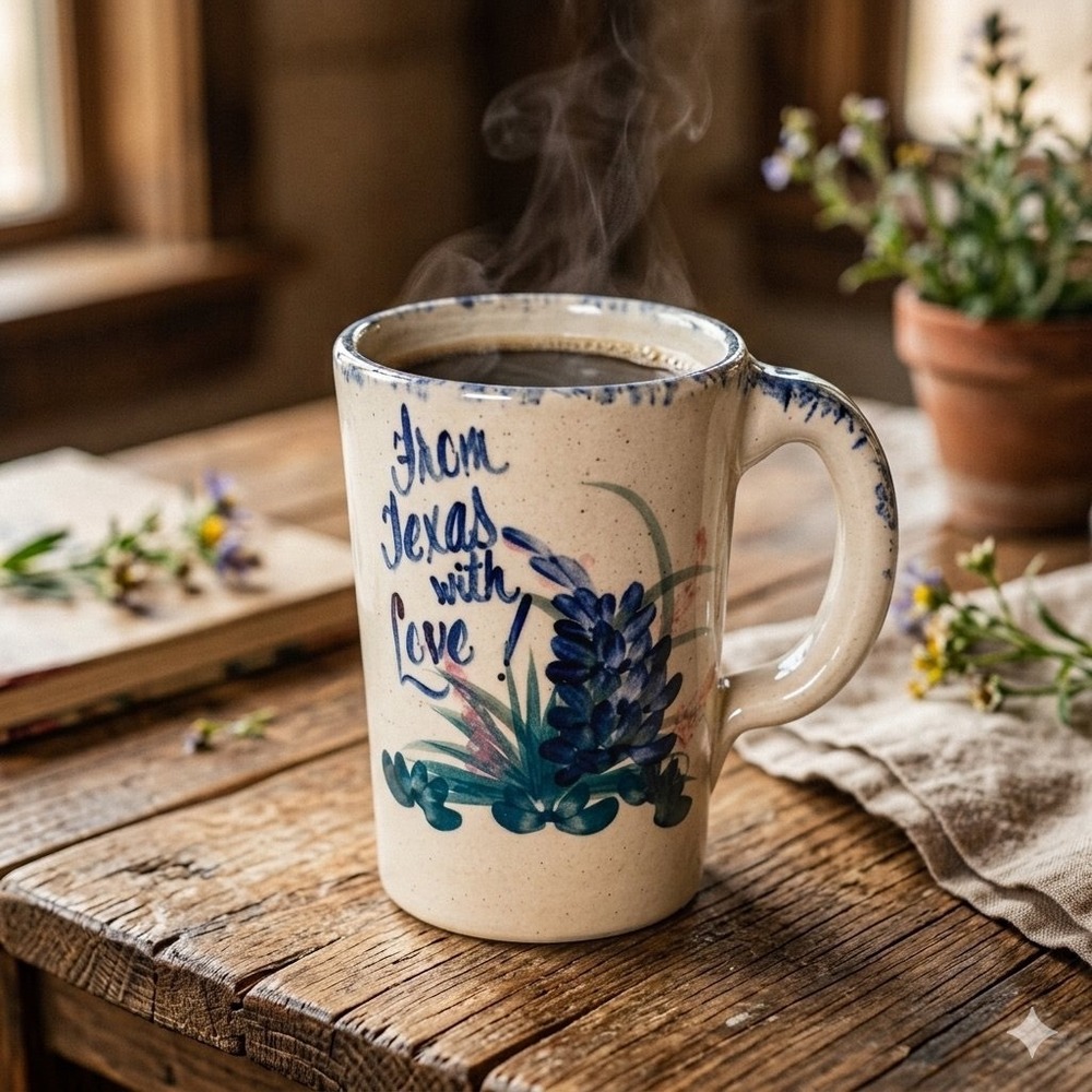VTG Yesteryears Coffee Mug Cream From Texas With Love Bluebonnet Hand Turned